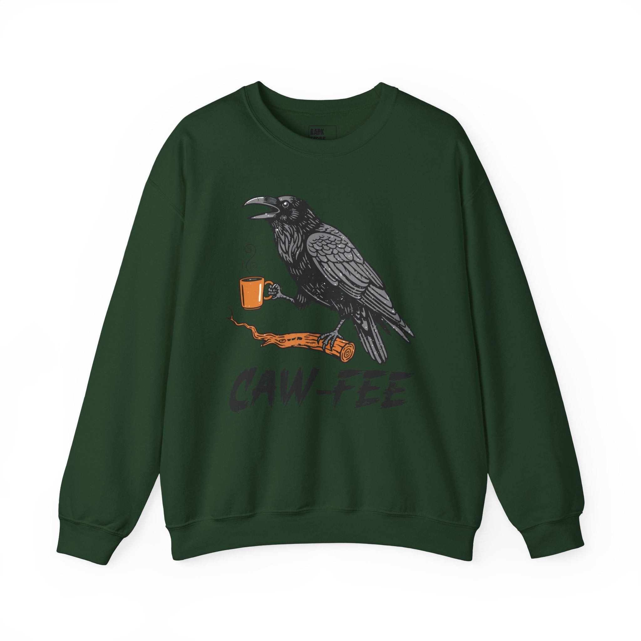 Caw‑Fee Graphic Sweatshirt — Raven Holding Coffee Mug | Funny Coffee Pun Pullover