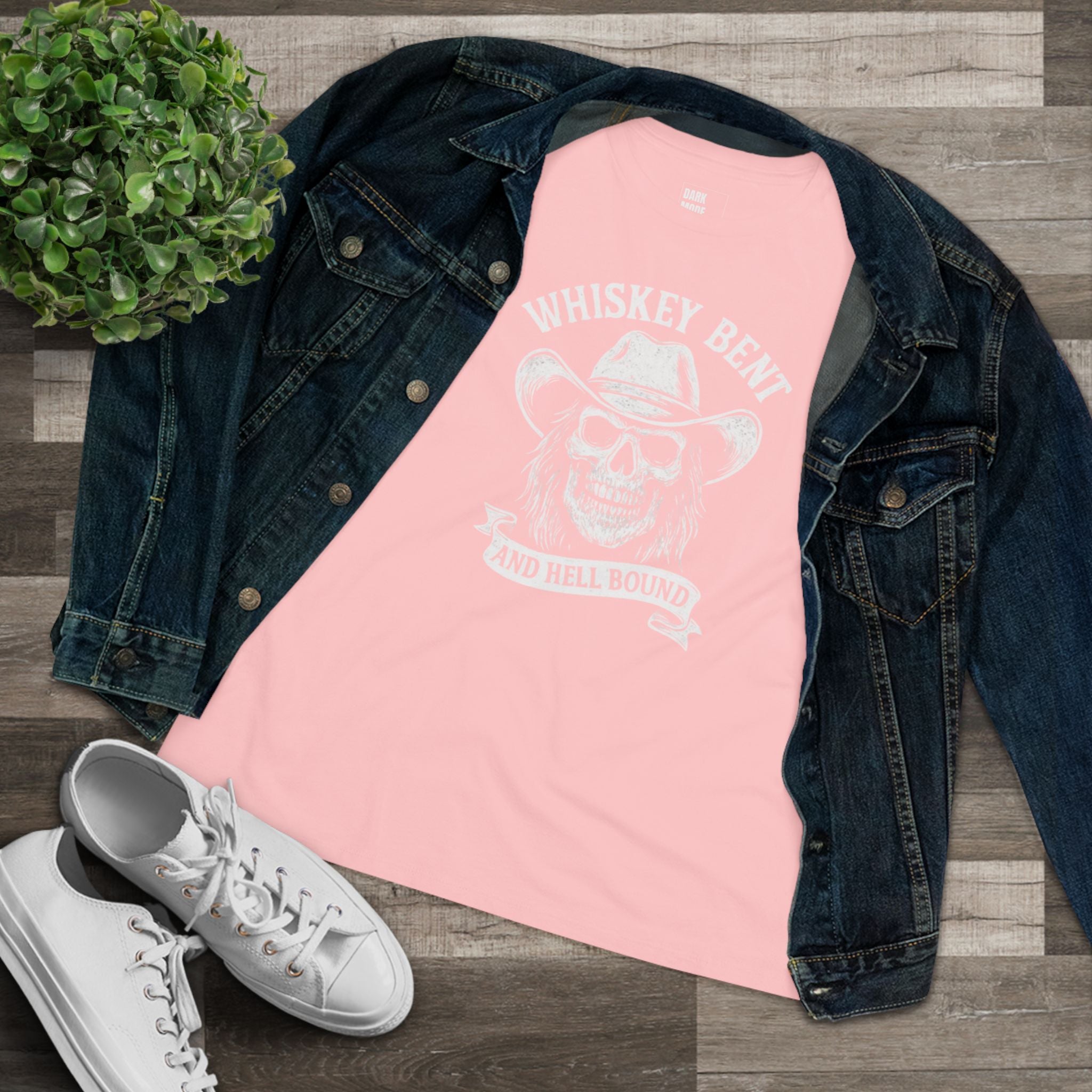 Whiskey Bent Skull Tee — Women's Cowboy Skull Shirt ("Whiskey Bent and Hell Bound")