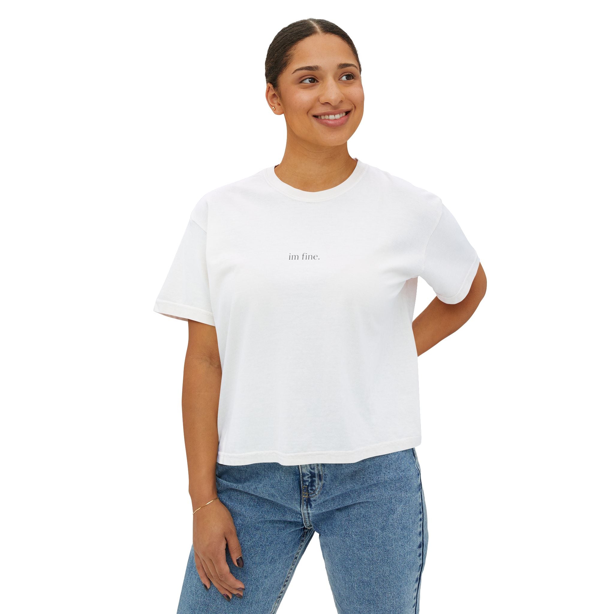 Boxy Tee — Minimalist "i'm fine." Graphic Cropped T-Shirt