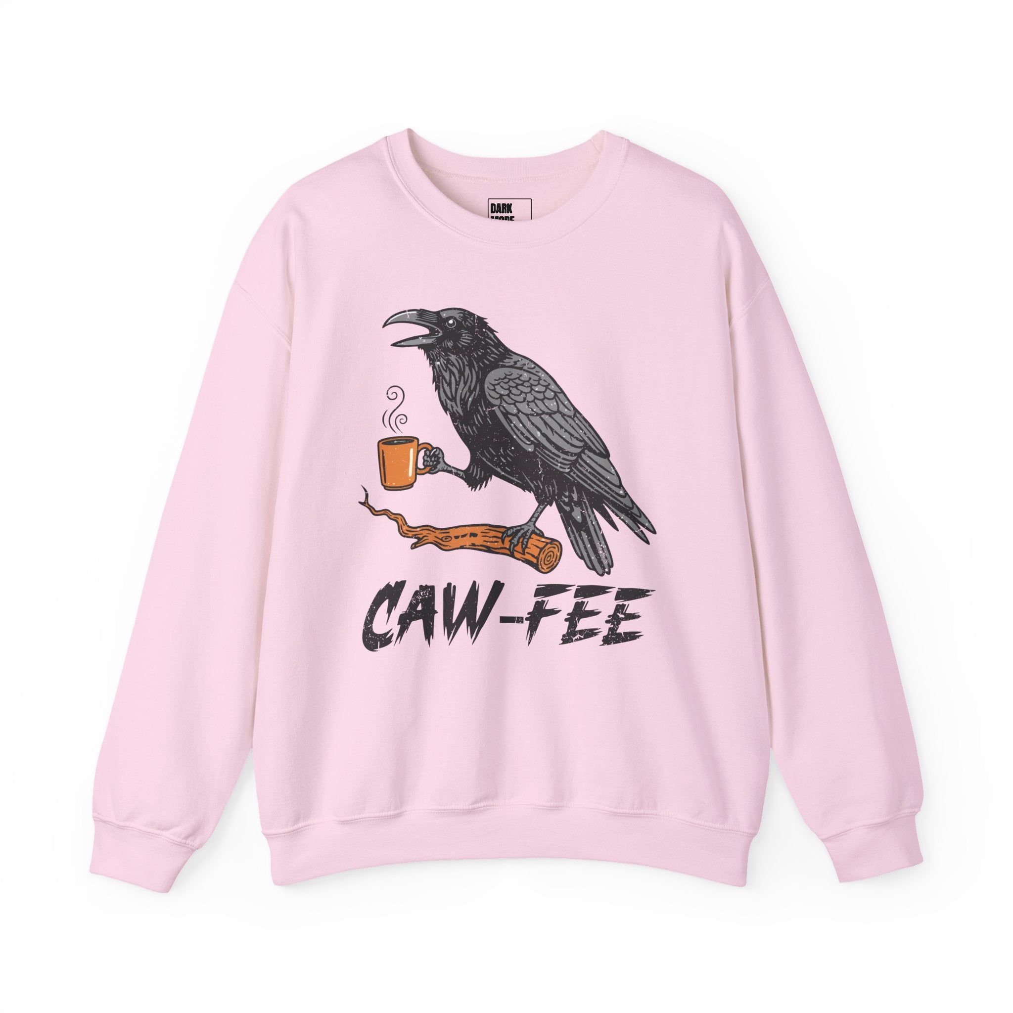 Caw‑Fee Graphic Sweatshirt — Raven Holding Coffee Mug | Funny Coffee Pun Pullover