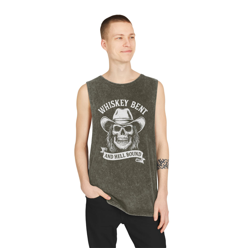 Whiskey Bent Skull Tank Top — Vintage Stonewash Cowboy Rocker Muscle Tee