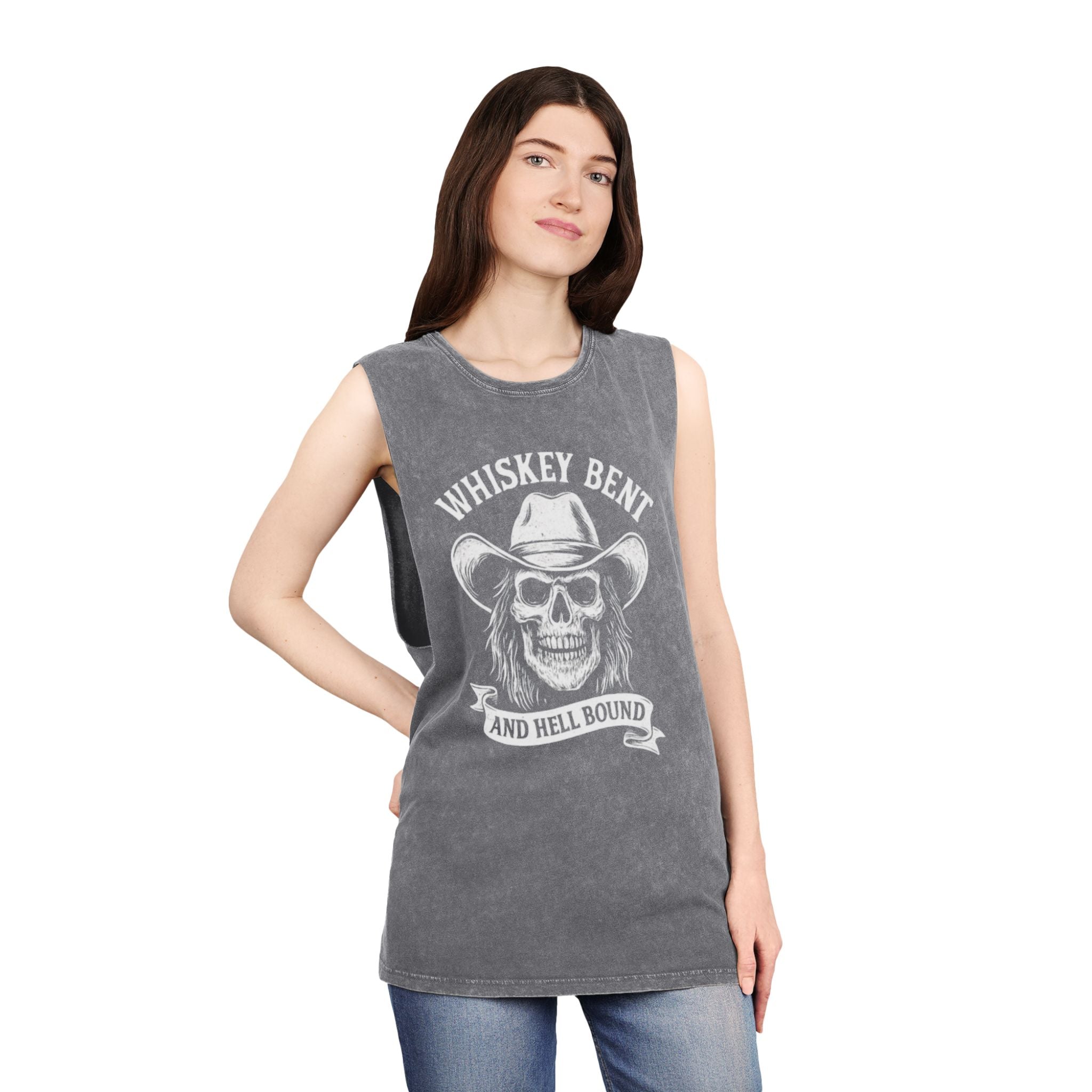 Whiskey Bent Skull Tank Top — Vintage Stonewash Cowboy Rocker Muscle Tee