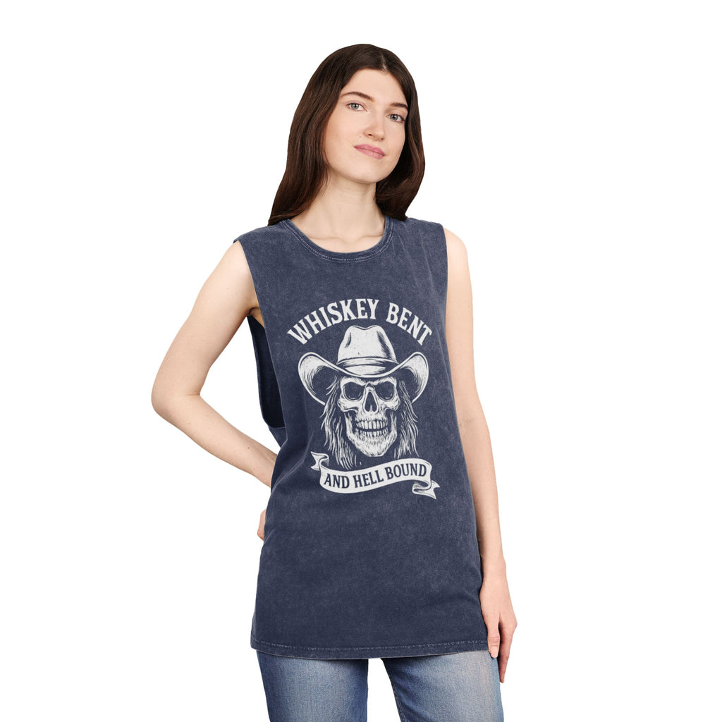 Whiskey Bent Skull Tank Top — Vintage Stonewash Cowboy Rocker Muscle Tee