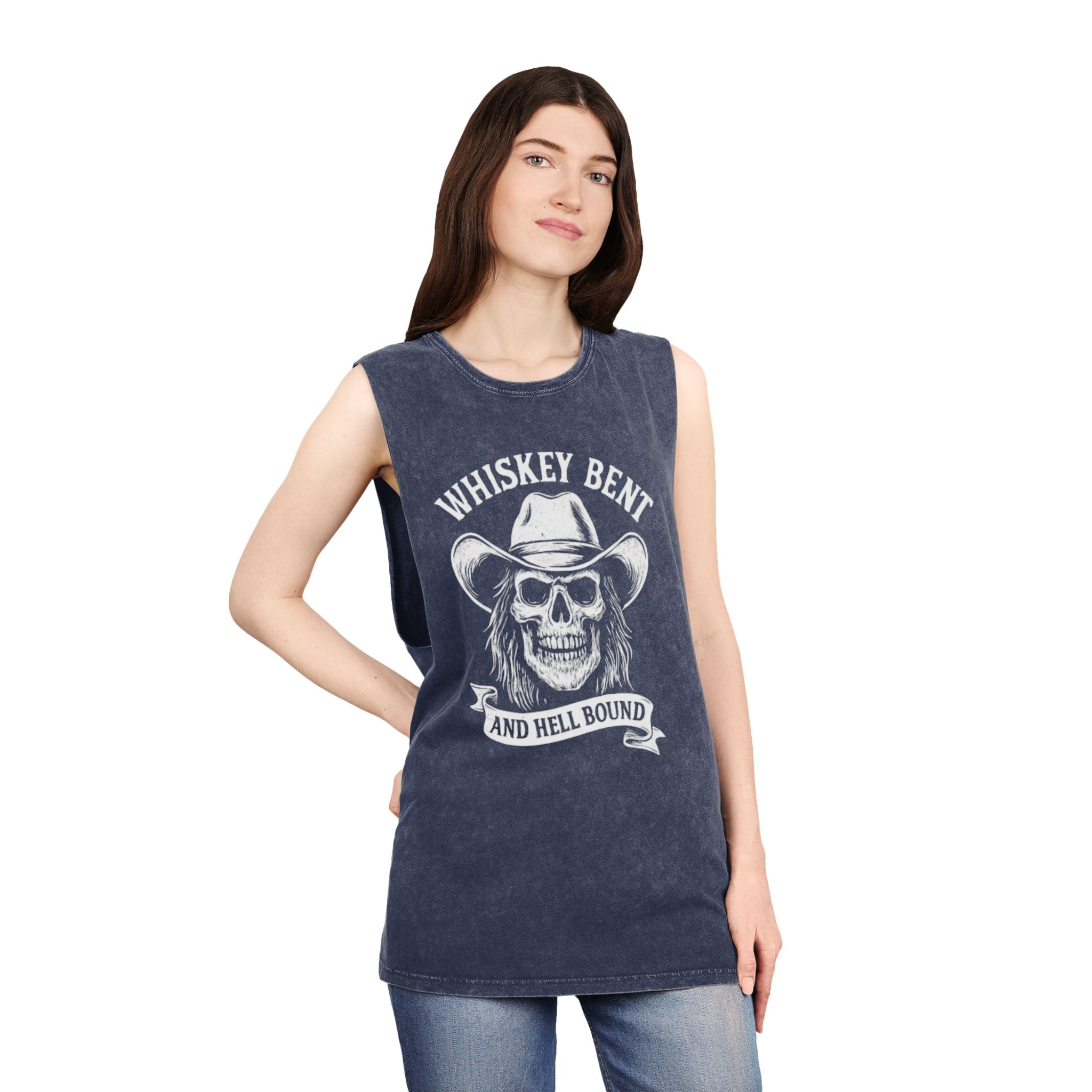 Whiskey Bent Skull Tank Top — Vintage Stonewash Cowboy Rocker Muscle Tee