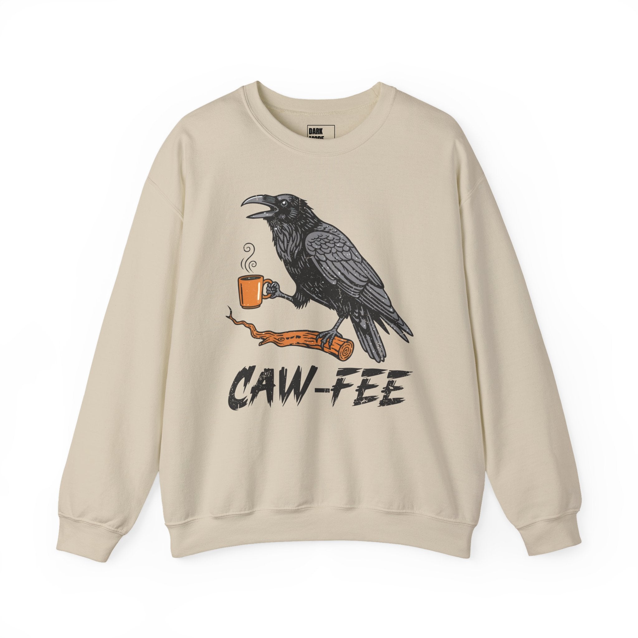 Caw‑Fee Graphic Sweatshirt — Raven Holding Coffee Mug | Funny Coffee Pun Pullover