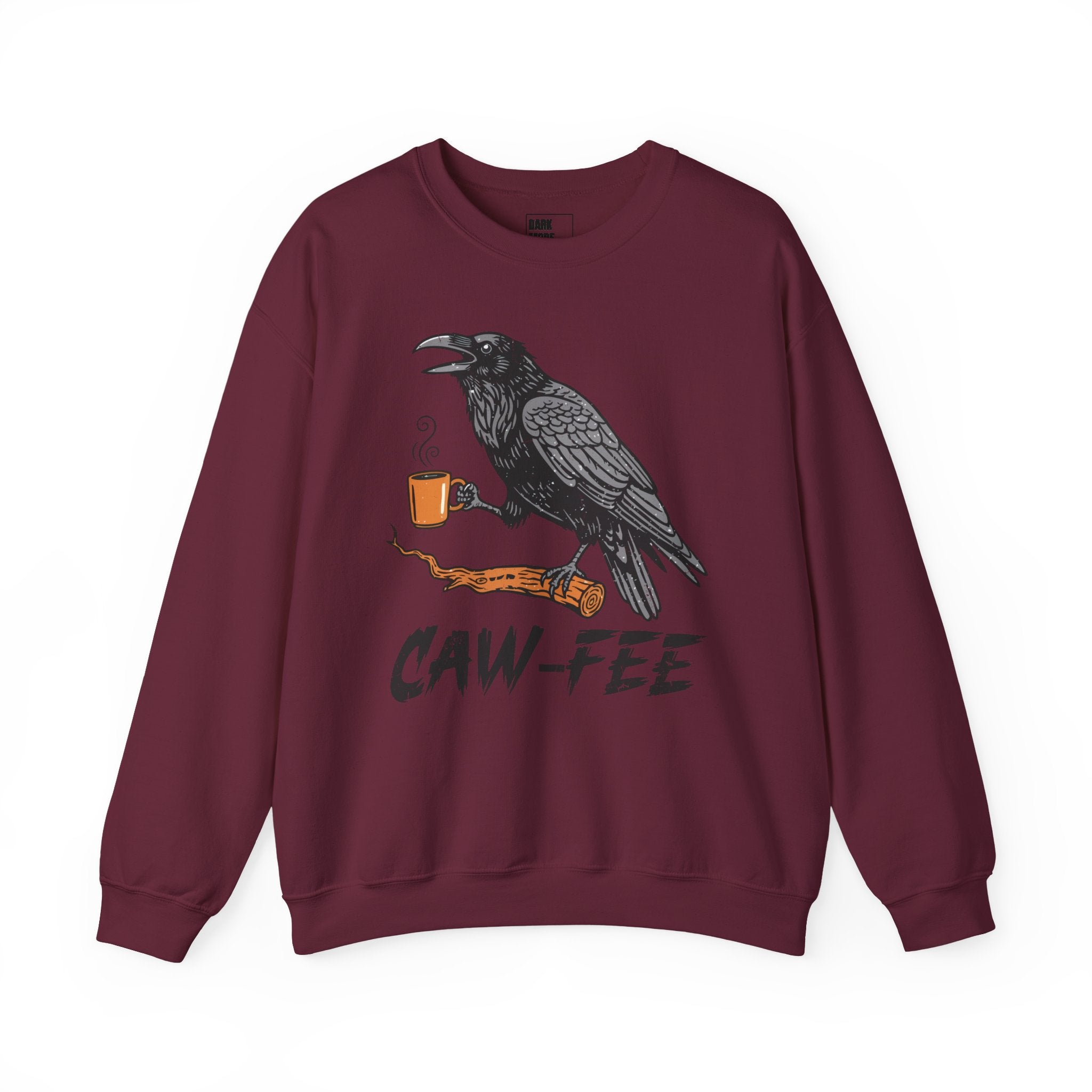 Caw‑Fee Graphic Sweatshirt — Raven Holding Coffee Mug | Funny Coffee Pun Pullover