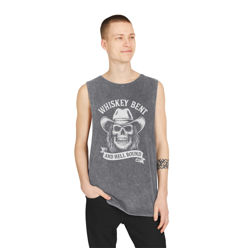 Whiskey Bent Skull Tank Top — Vintage Stonewash Cowboy Rocker Muscle Tee