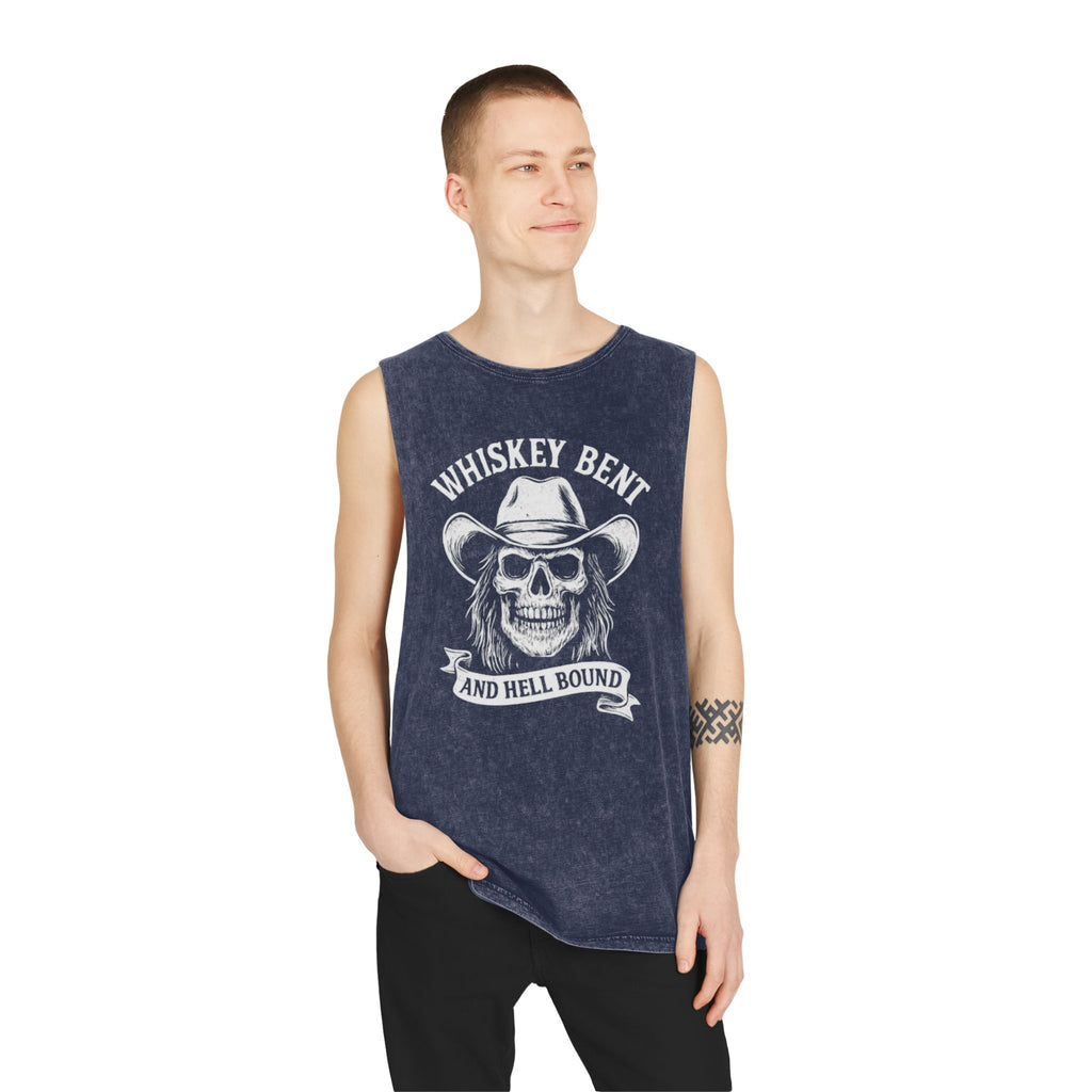 Whiskey Bent Skull Tank Top — Vintage Stonewash Cowboy Rocker Muscle Tee