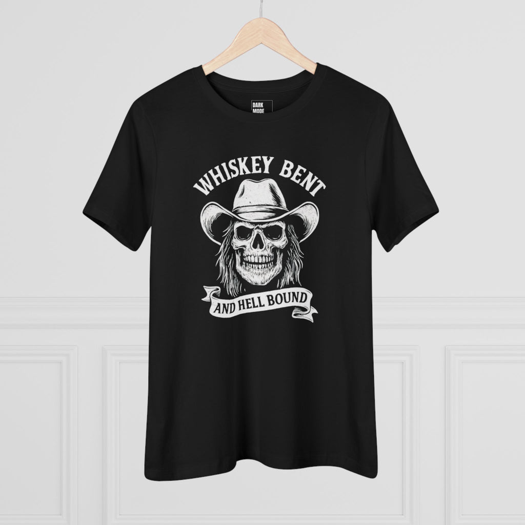 Whiskey Bent Skull Tee — Women's Cowboy Skull Shirt ("Whiskey Bent and Hell Bound")