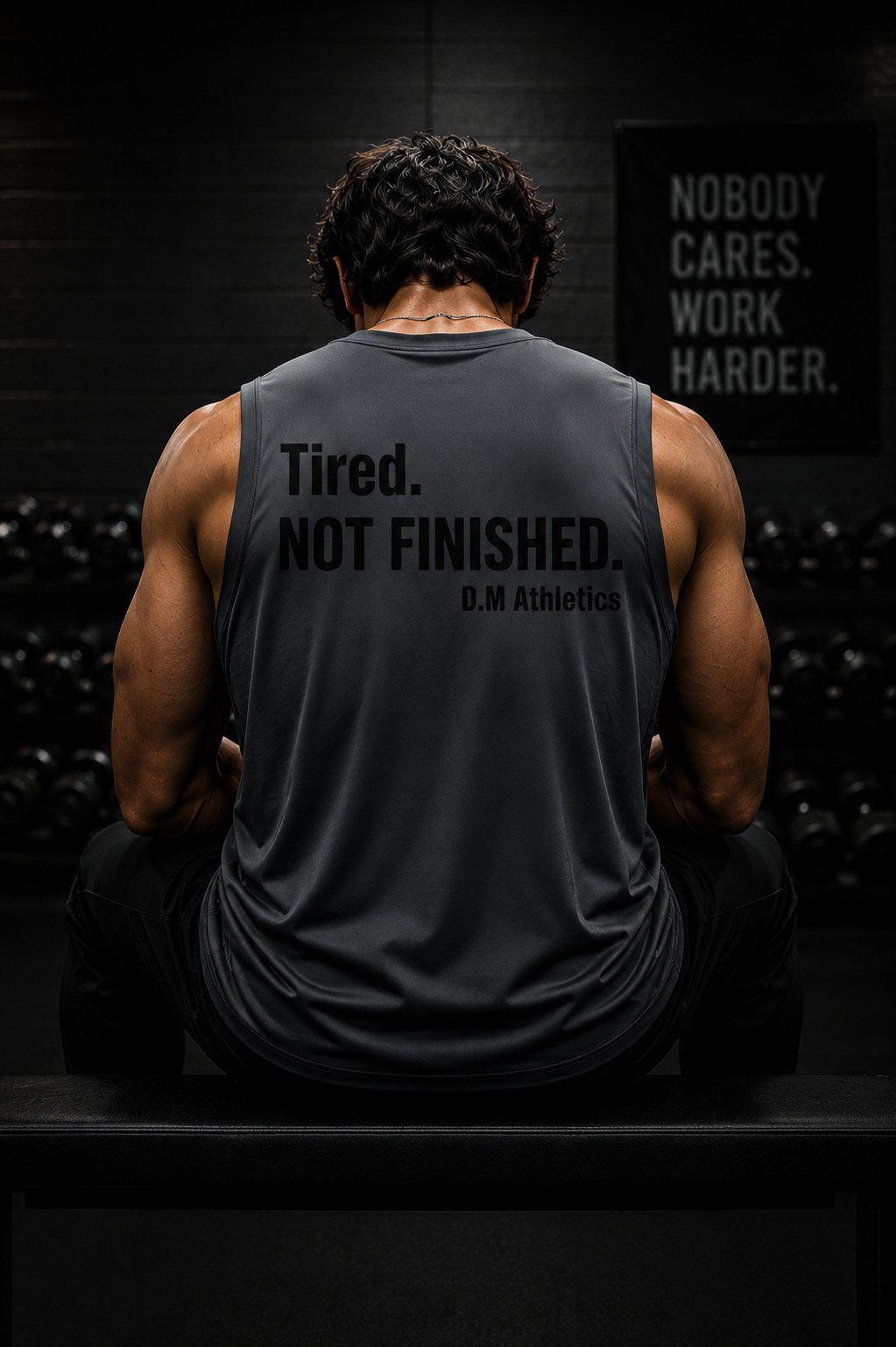 Performance Sleeveless Tee — 'Tired. NOT FINISHED.' Motivational Gym Tank