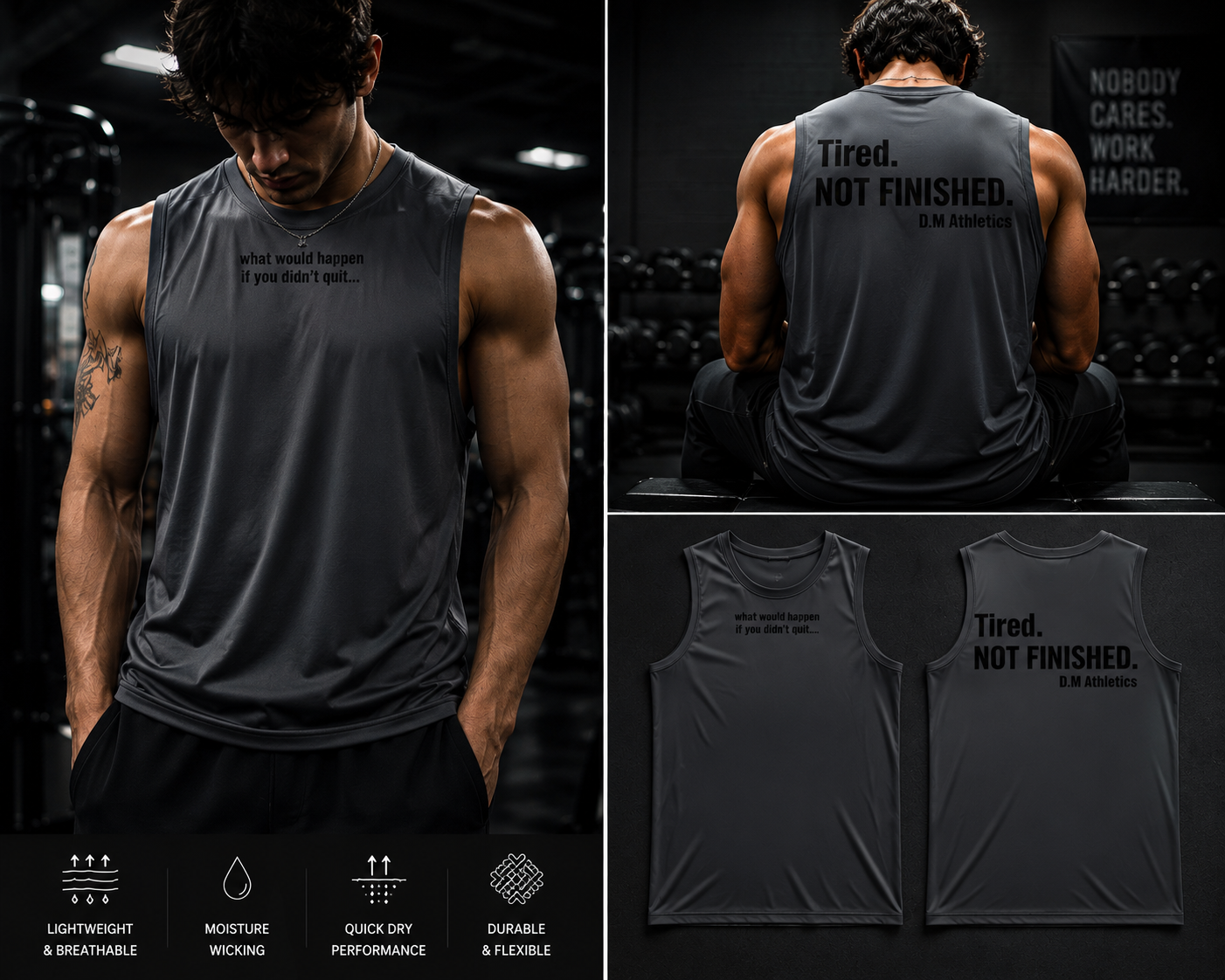 Performance Sleeveless Tee — 'Tired. NOT FINISHED.' Motivational Gym Tank