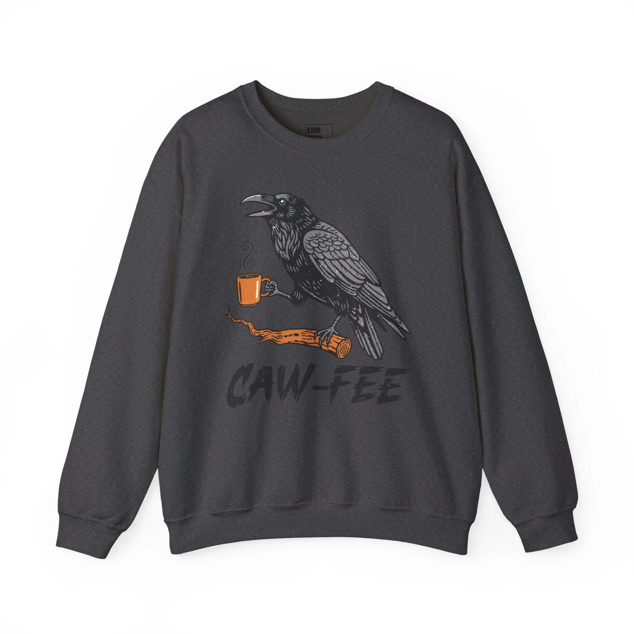 Caw‑Fee Graphic Sweatshirt — Raven Holding Coffee Mug | Funny Coffee Pun Pullover