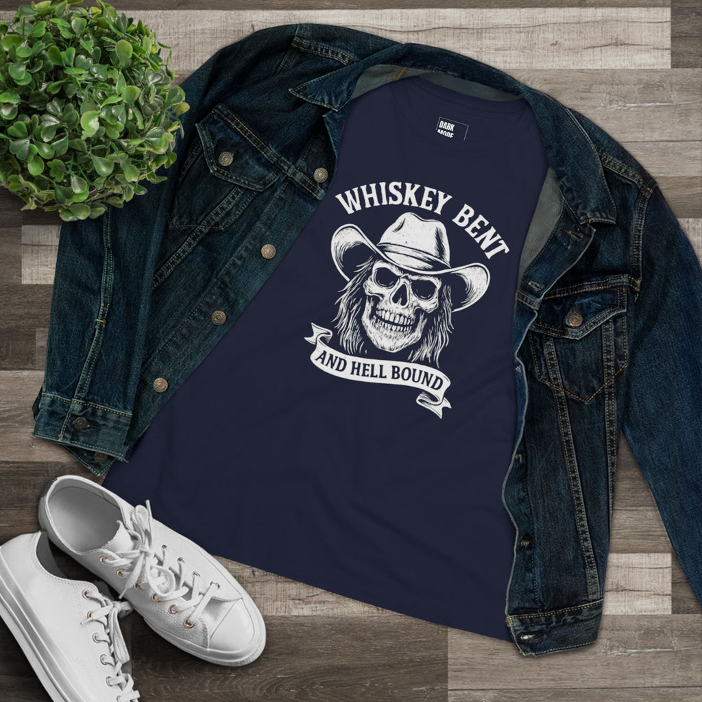 Whiskey Bent Skull Tee — Women's Cowboy Skull Shirt ("Whiskey Bent and Hell Bound")