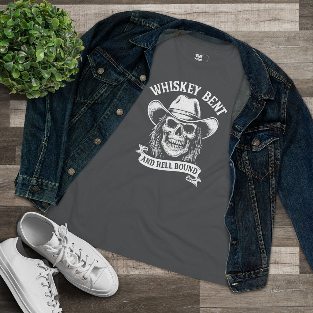 Whiskey Bent Skull Tee — Women's Cowboy Skull Shirt ("Whiskey Bent and Hell Bound")