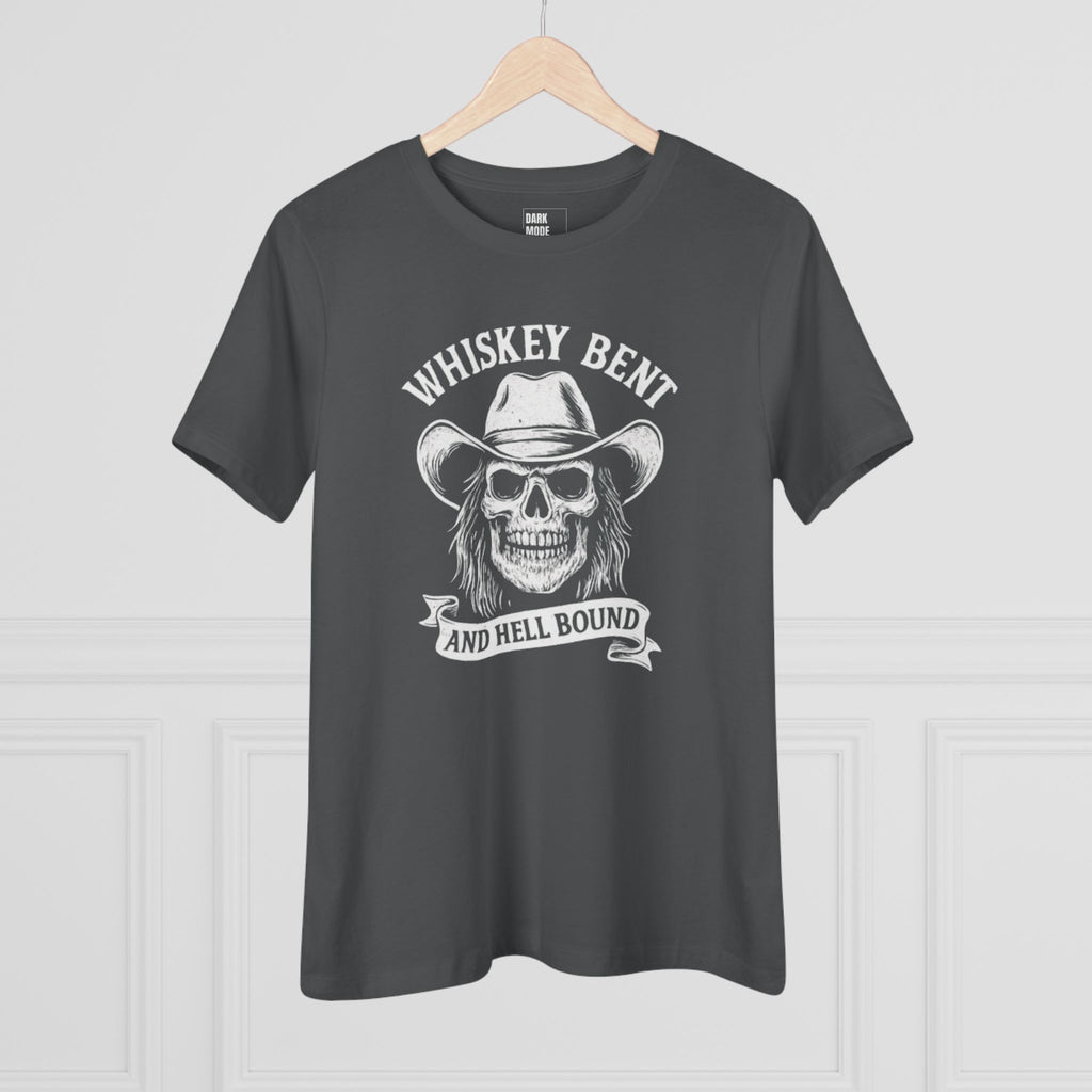 Whiskey Bent Skull Tee — Women's Cowboy Skull Shirt ("Whiskey Bent and Hell Bound")