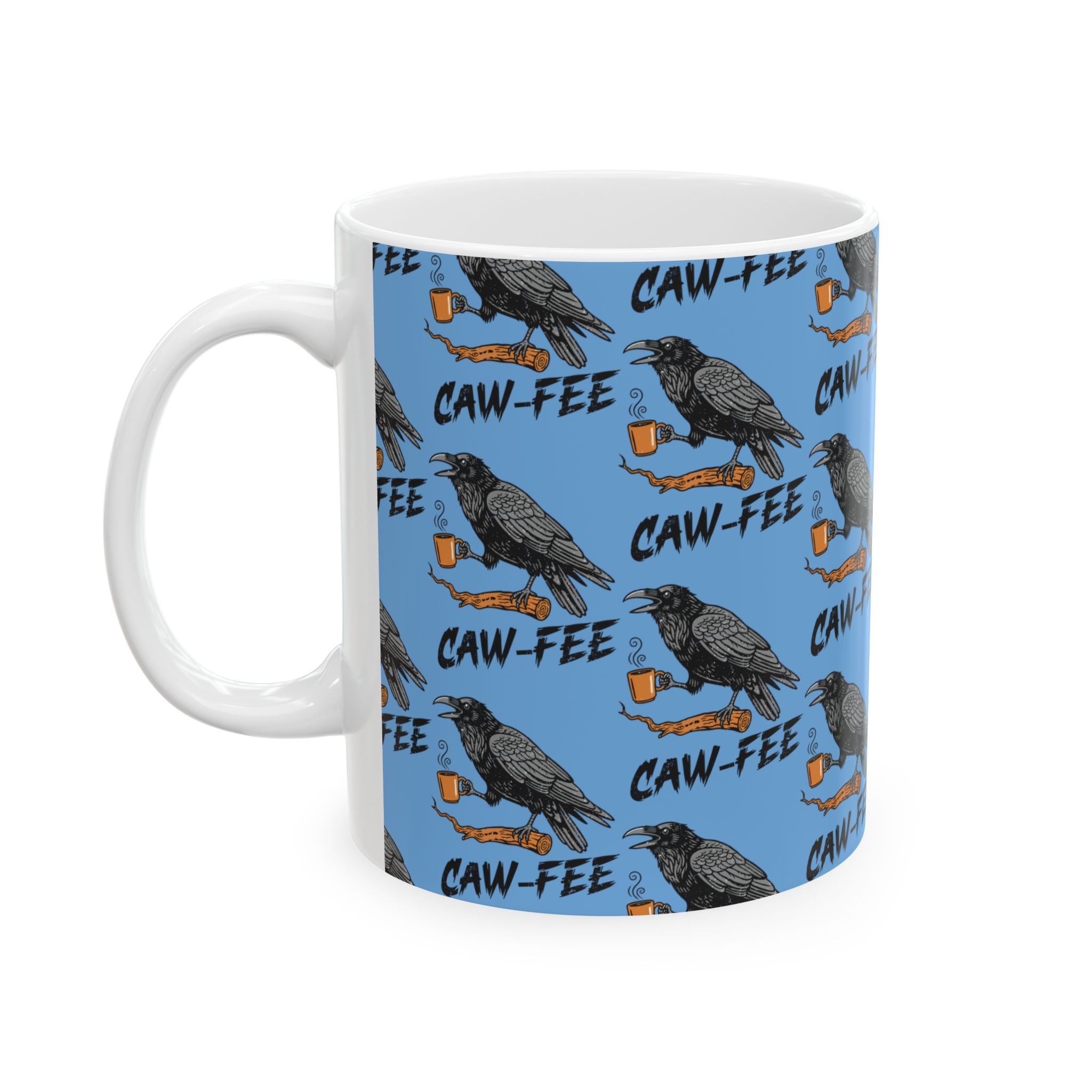 Caw-fee Mug — Raven Holding Coffee Cup Pattern (11oz & 15oz)