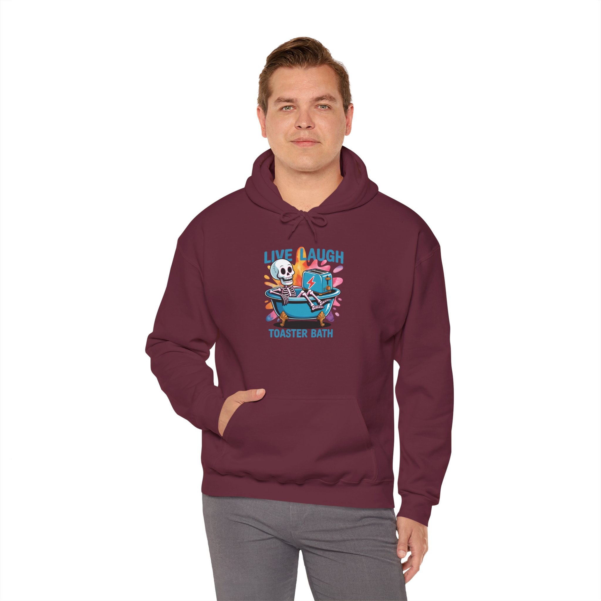 Hoodie — 'Live Laugh Toaster Bath' Cute Retro Skeleton Bathtub Graphic Hoodie