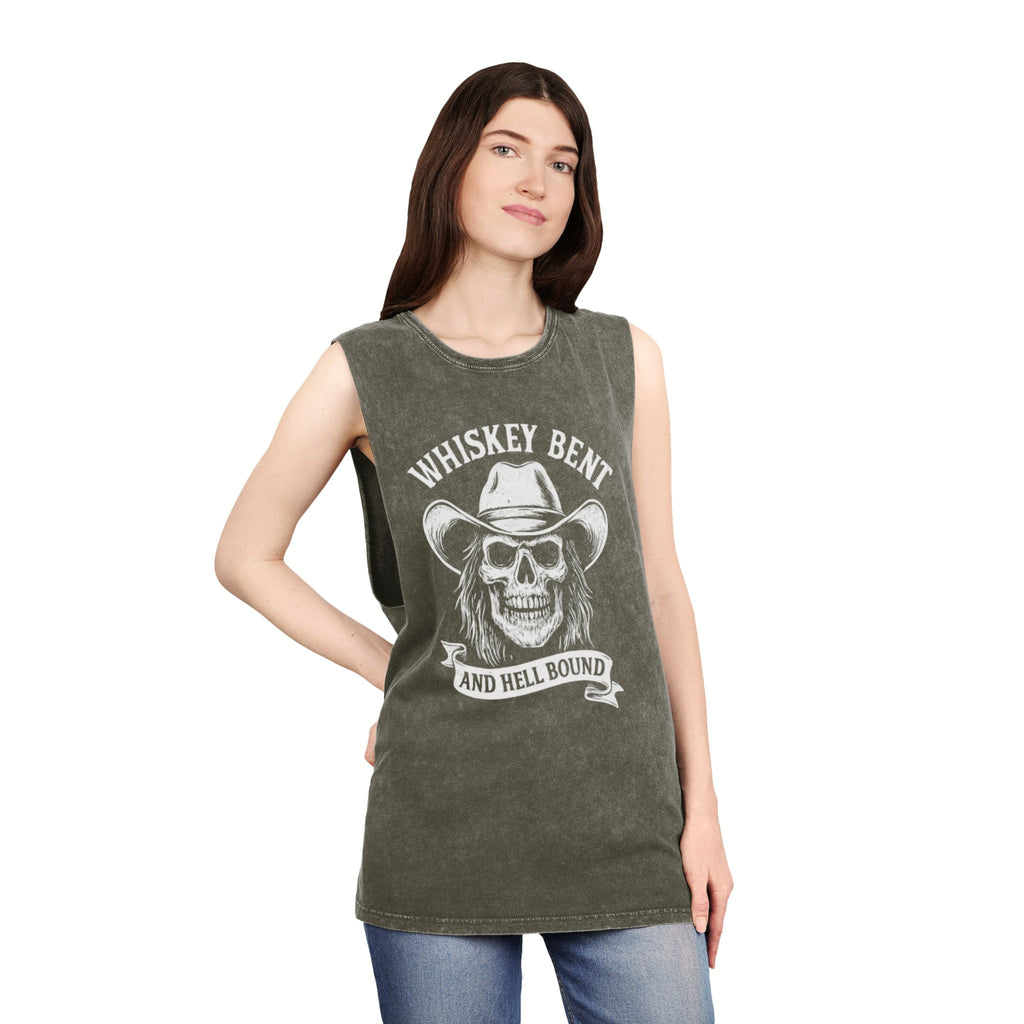 Whiskey Bent Skull Tank Top — Vintage Stonewash Cowboy Rocker Muscle Tee